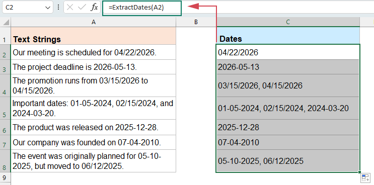 Extract Dates from Text Strings By vba code 