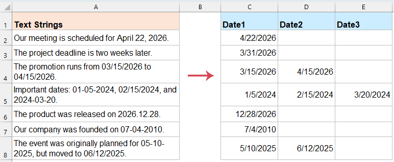 extract date from text string by kutools AI