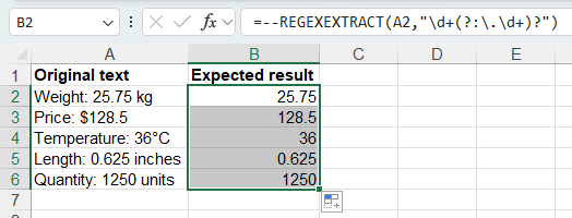 Extract whole numbers and decimal numbers with REGEXEXTRACT in Excel