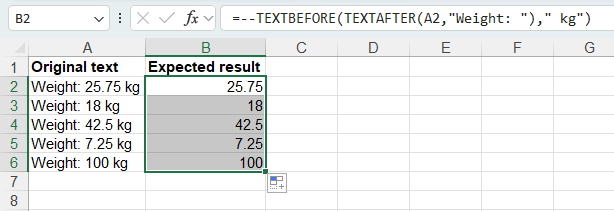 Extract a decimal number between known text with TEXTAFTER and TEXTBEFORE in Excel
