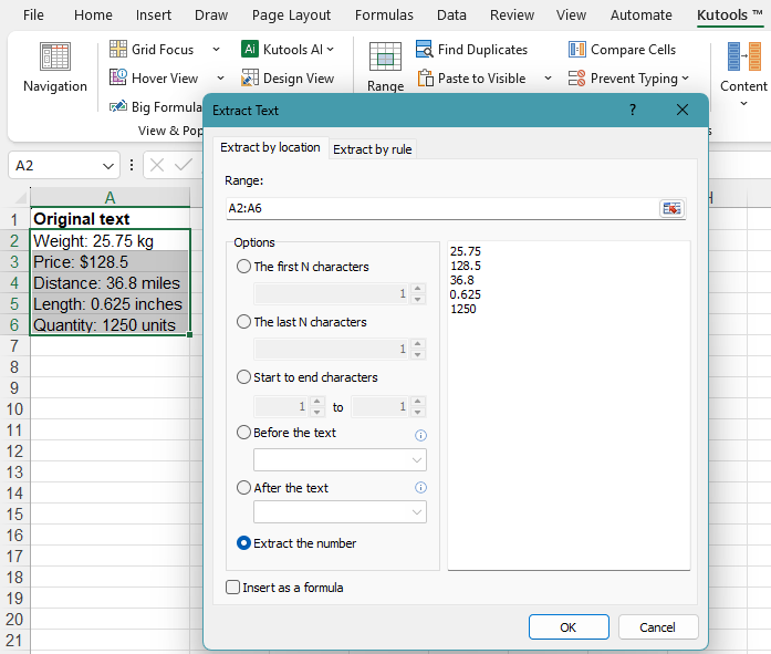 Extract Text dialog of Kutools for Excel