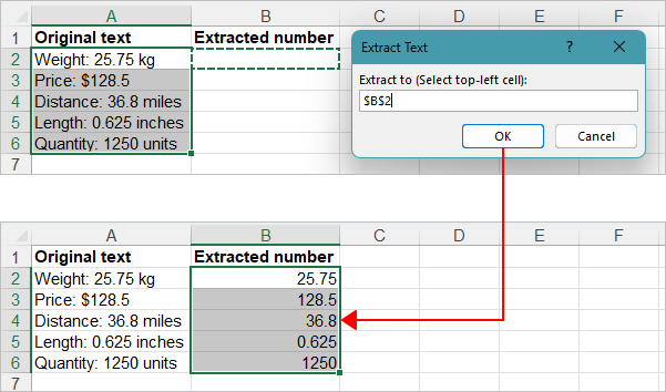 Extract numbers including decimals from text with Kutools for Excel