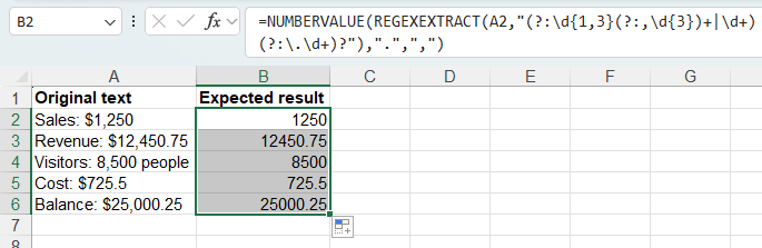 Extract numbers with thousands separators and decimals in Excel