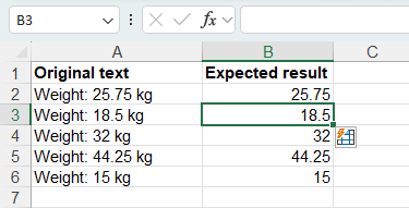 Pull decimal numbers from consistently formatted text with Flash Fill in Excel