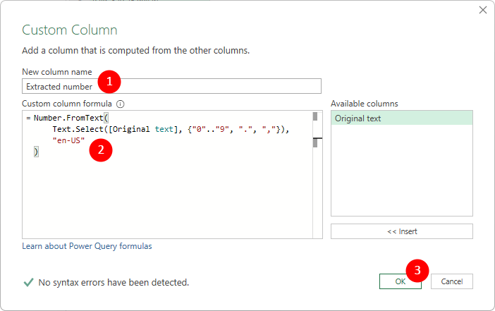 Enter a custom formula to extract numbers in Power Query
