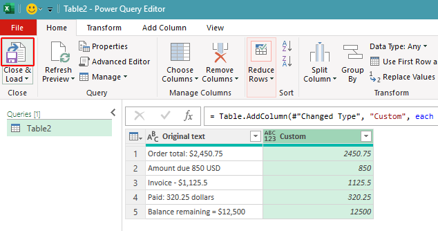 Close and load the Power Query results into Excel