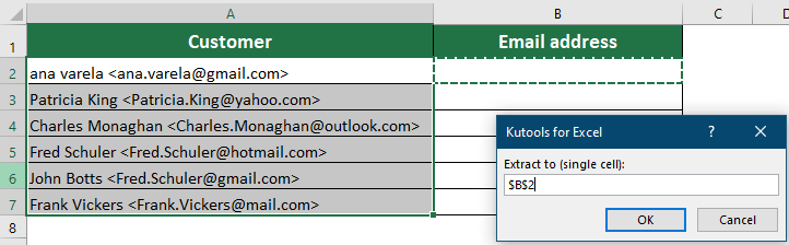 screenshot of extracting email address from texe string using kutools