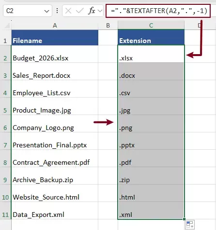 لقطة شاشة توضح كيفية تطبيق صيغة لاستخراج امتداد الملف في Excel 365 و2021 والإصدارات الأحدث