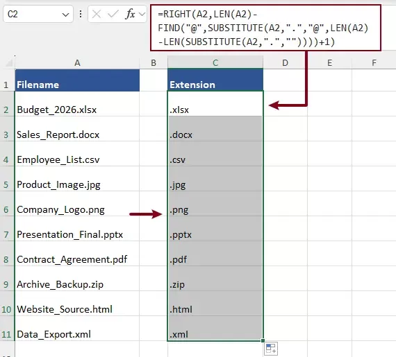 لقطة شاشة توضح كيفية تطبيق صيغة لاستخراج امتداد الملف في Excel 2019 والإصدارات السابقة