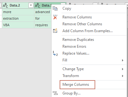 a screenshot showing the Merge Columns option in the context menu