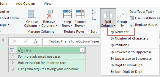 a screenshot showing the By Delimiter option on the ribbon
