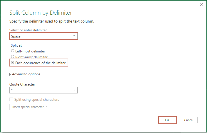 a screenshot of specifiying the delimiter