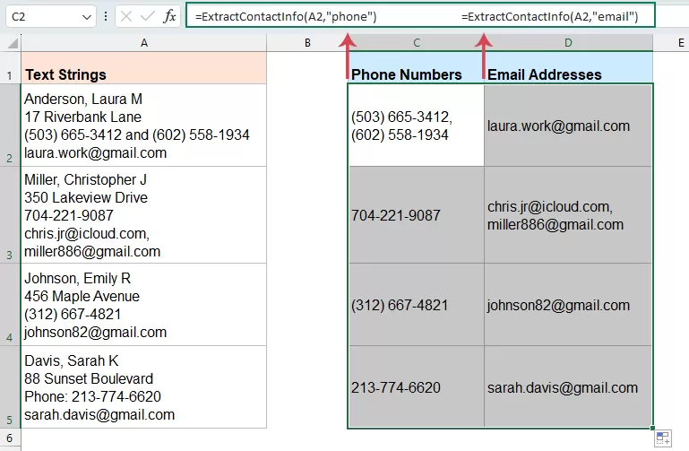 extract phone numbers and email addresses by vba 