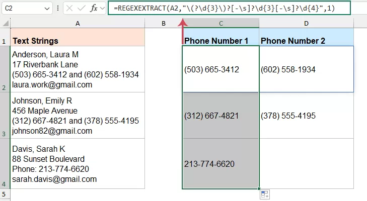 extract phone numbers into separate cells
