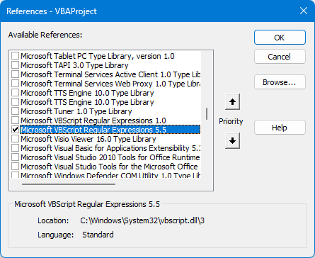check Microsoft VBScript Regular Expressions 5.5 