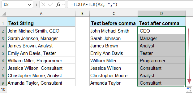 extract text before after comma textafter function