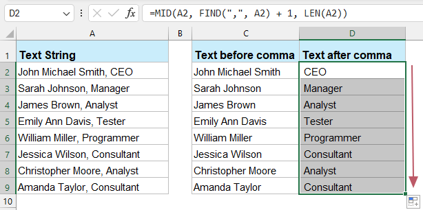 extract text before after comma formula