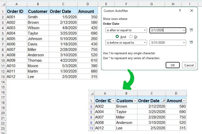 Filter Dates Between Two Dates in Excel