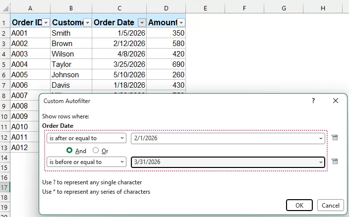  set criteria in the dialog box