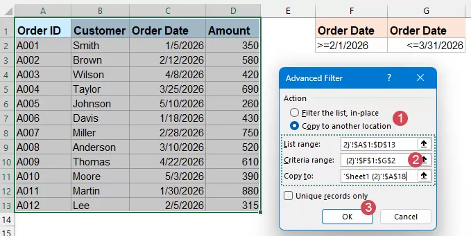 set options in the Advanced Filter dialog box