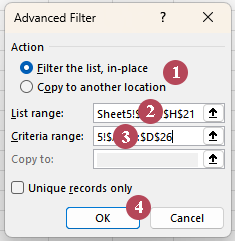 the Advanced Filter dialog box