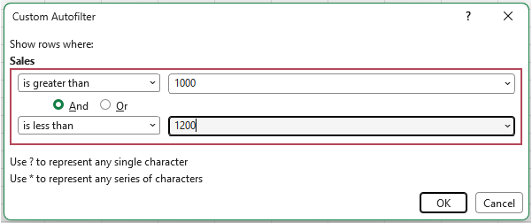 Enter two number conditions