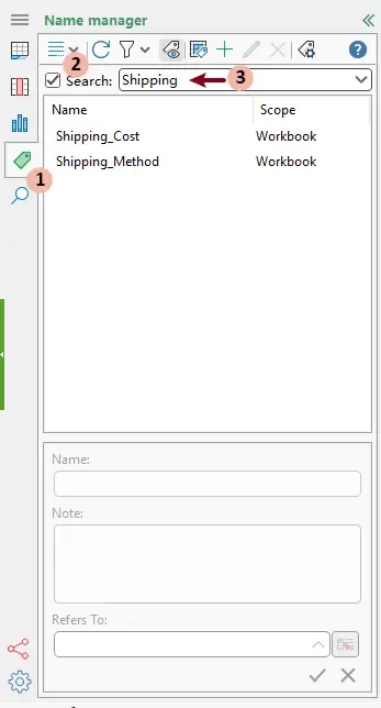a screenshot showing how to search the named ranges