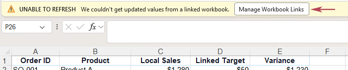 Click Manage Workbook Links