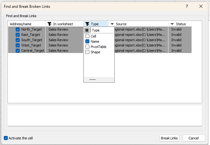 The Find and Break Broken Links dialog box