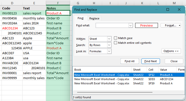 Find cells by format in Excel