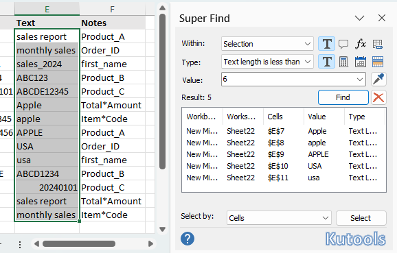 Find text based on length criteria with Kutools Super Find