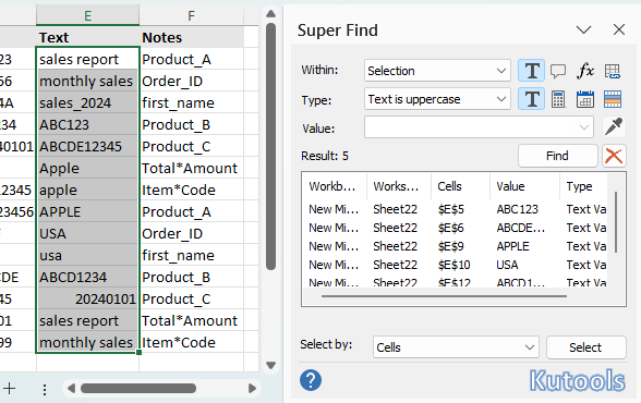 Use Kutools Super Find to identify uppercase text in Excel