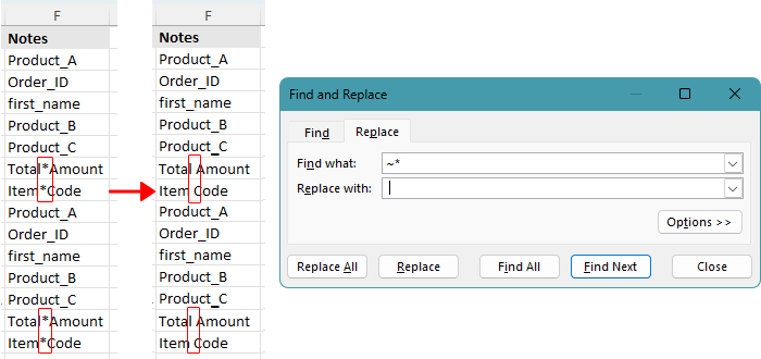 Replace asterisks in Excel