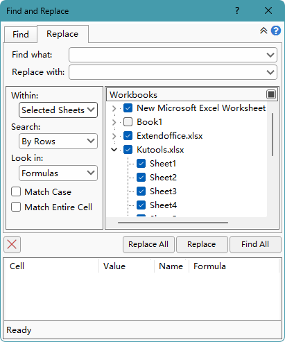 Find and replace across multiple workbooks using Kutools