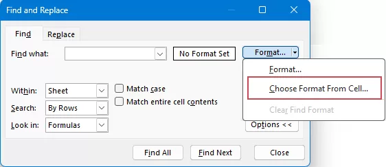 Click the cell that contains the color you want to search for