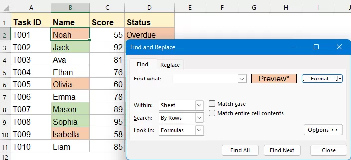 press Ctrl + A to select all found cells 