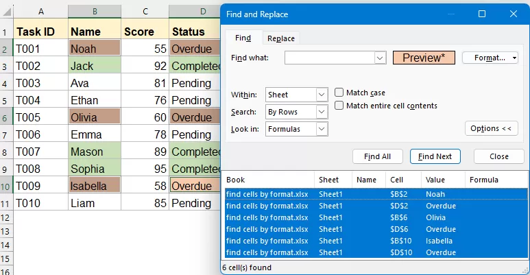 All cells with the matching fill color are selected 