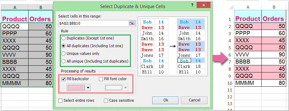 How to find and highlight duplicate rows in a range in Excel?