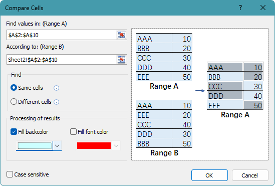 Compare Cells dialog box in Kutools for Excel