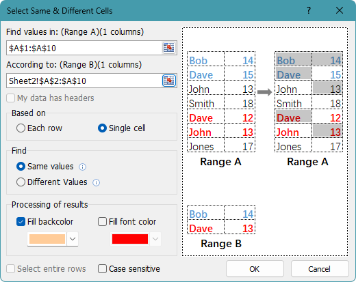 Select Same & Different Cells dialog box