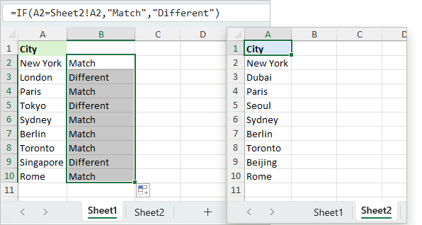 Mark corresponding cells as Match or Different