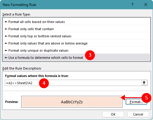 Create a conditional formatting rule to compare corresponding cells