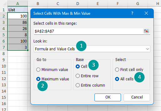 Kutools' Select Cells with Max & Min Value tool