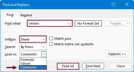 setting the Find and Replace dialog box