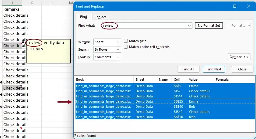 show the searching results in the find and replace dialog