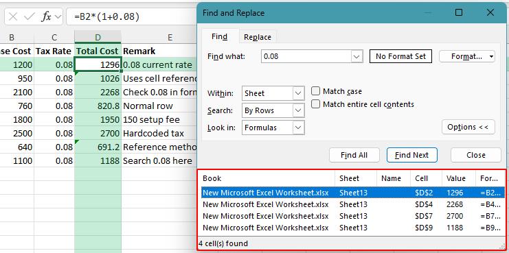 Excel worksheet showing mixed data where searching 0.08 returns values in formulas in column D