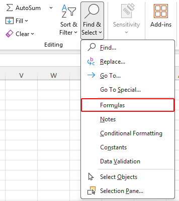 Formulas option on the Home tab