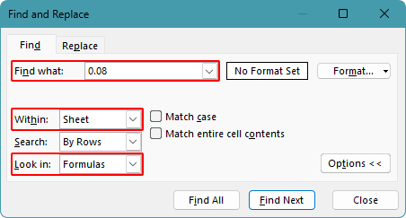 Find and Replace dialog