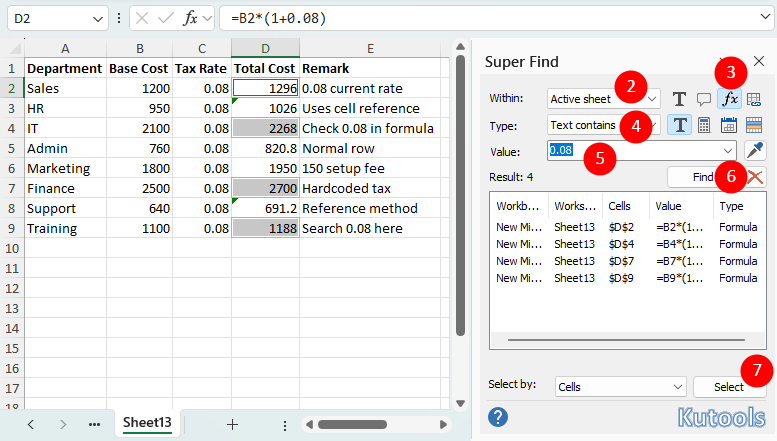 Kutools Super Find searching 0.08 in formulas only in Excel and listing matching formula cells in the results pane