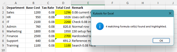 Matching formula cells highlighted in yellow